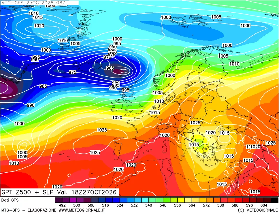 mappa GFS: Geopotenziale a 500 hPa + Pressione sul livello del mare