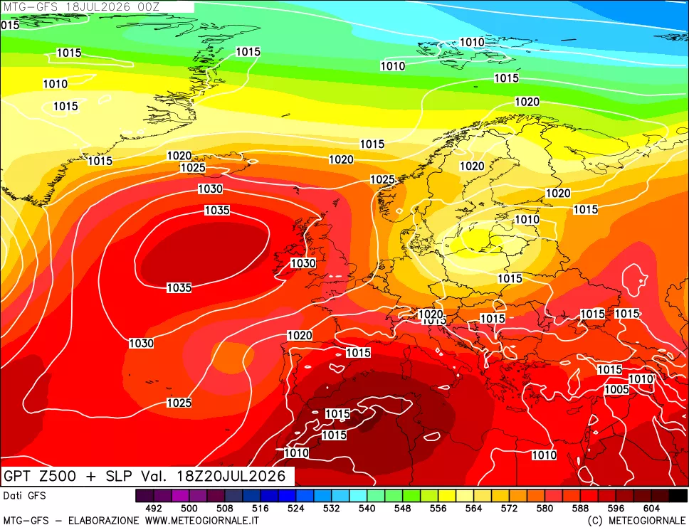 mappa GFS: Geopotenziale a 500 hPa + Pressione sul livello del mare