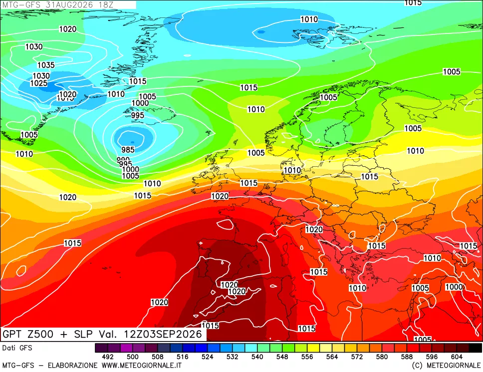 mappa GFS: Geopotenziale a 500 hPa + Pressione sul livello del mare