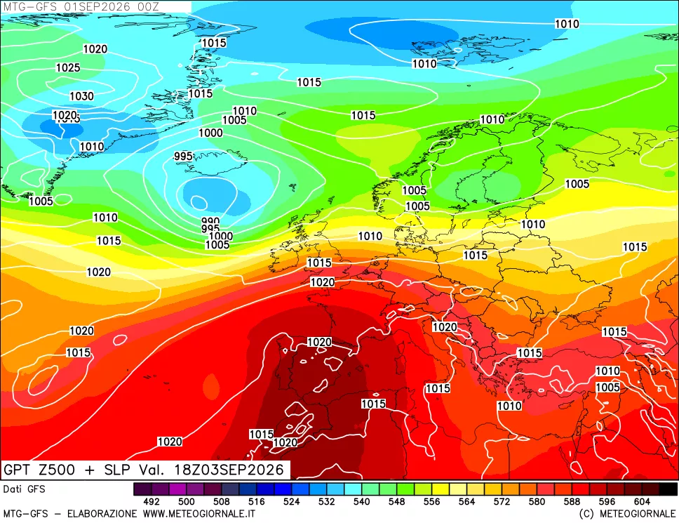 mappa GFS: Geopotenziale a 500 hPa + Pressione sul livello del mare