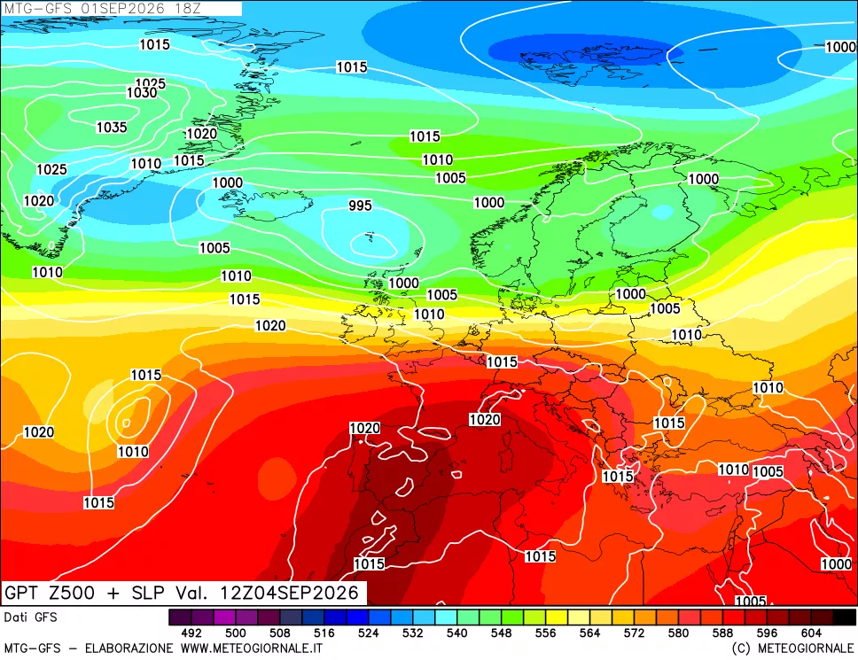 mappa GFS: Geopotenziale a 500 hPa + Pressione sul livello del mare