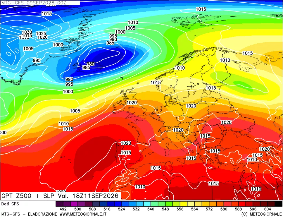 mappa GFS: Geopotenziale a 500 hPa + Pressione sul livello del mare