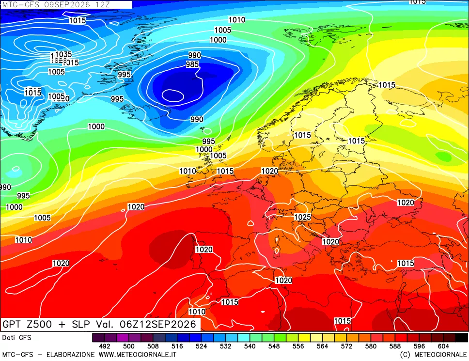 mappa GFS: Geopotenziale a 500 hPa + Pressione sul livello del mare