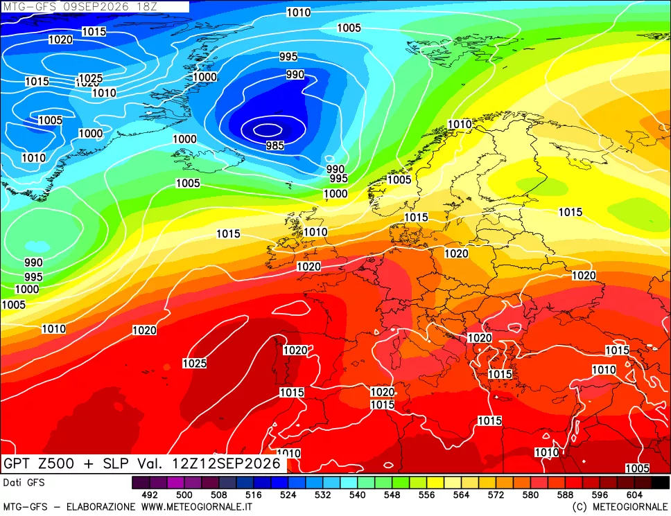 mappa GFS: Geopotenziale a 500 hPa + Pressione sul livello del mare