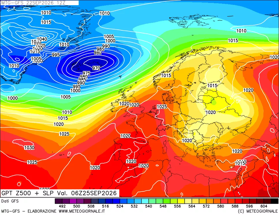 mappa GFS: Geopotenziale a 500 hPa + Pressione sul livello del mare