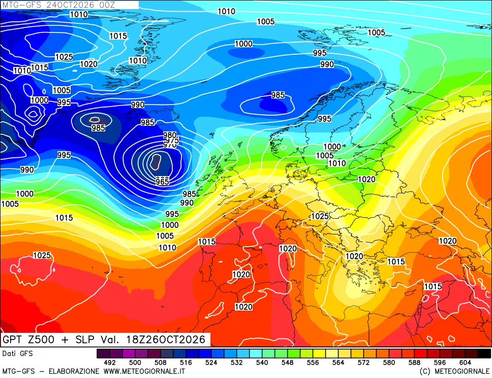 mappa GFS: Geopotenziale a 500 hPa + Pressione sul livello del mare