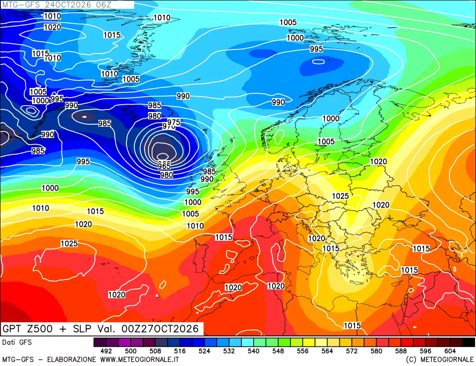 mappa GFS: Geopotenziale a 500 hPa + Pressione sul livello del mare