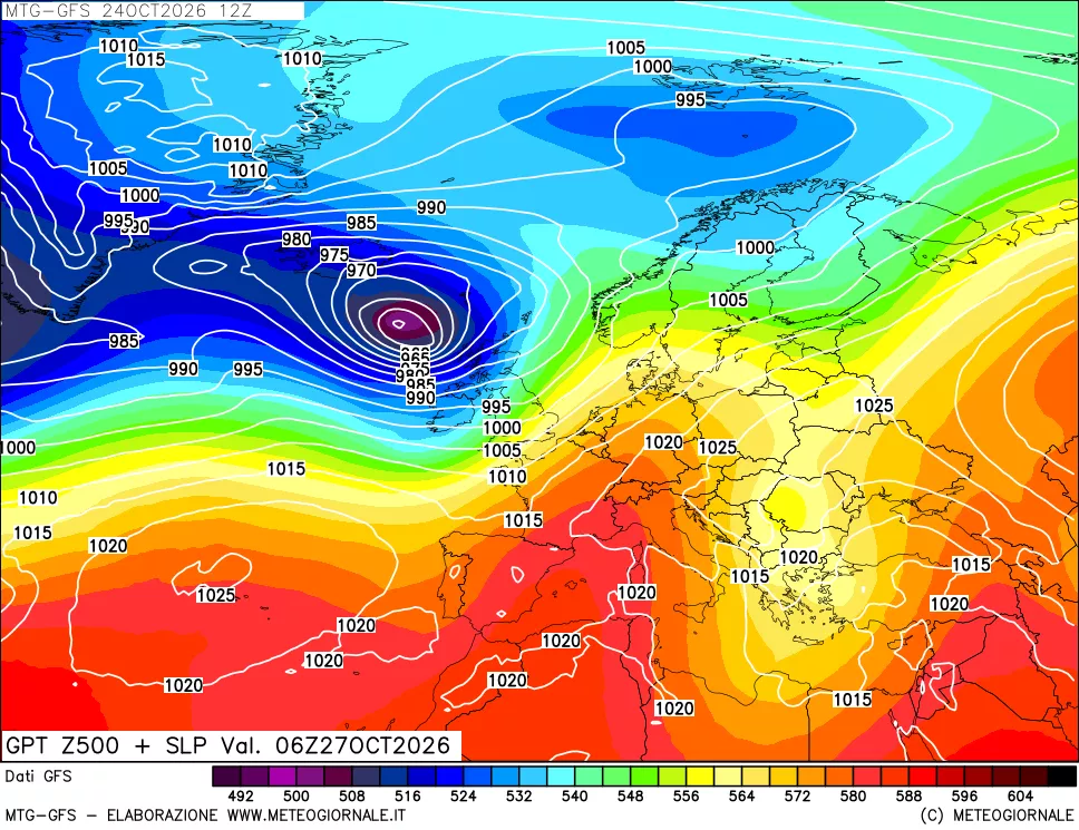 mappa GFS: Geopotenziale a 500 hPa + Pressione sul livello del mare