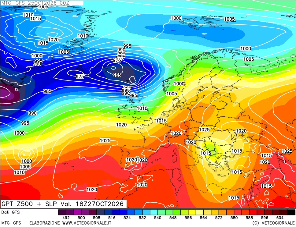 mappa GFS: Geopotenziale a 500 hPa + Pressione sul livello del mare