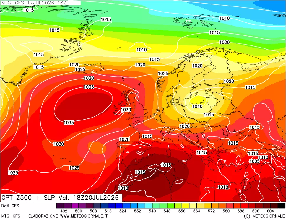mappa GFS: Geopotenziale a 500 hPa + Pressione sul livello del mare