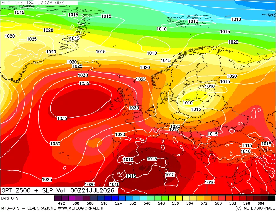 mappa GFS: Geopotenziale a 500 hPa + Pressione sul livello del mare