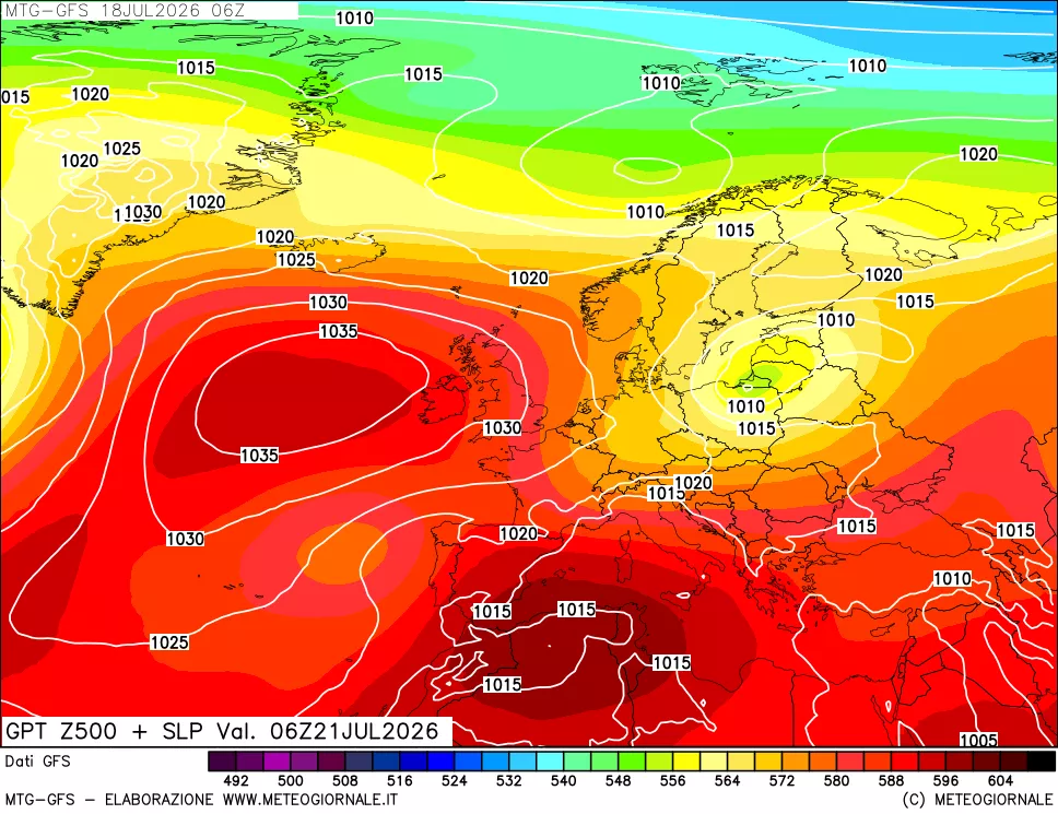 mappa GFS: Geopotenziale a 500 hPa + Pressione sul livello del mare