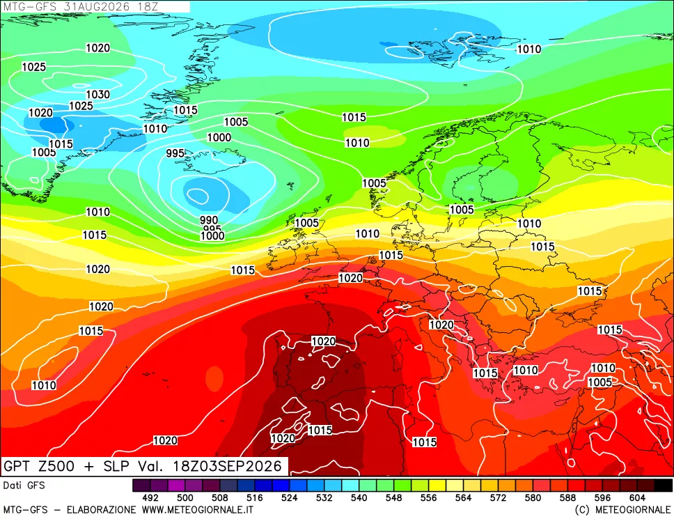 mappa GFS: Geopotenziale a 500 hPa + Pressione sul livello del mare