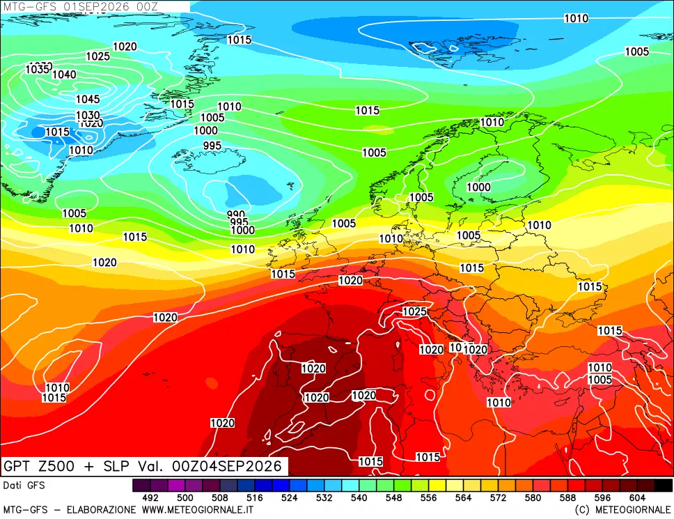mappa GFS: Geopotenziale a 500 hPa + Pressione sul livello del mare