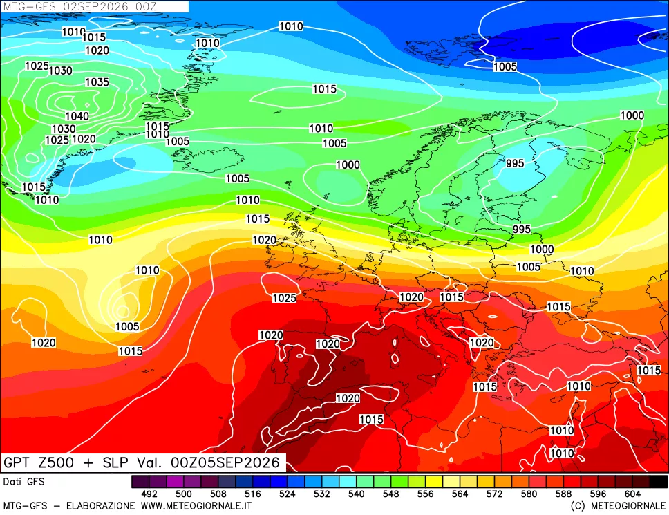 mappa GFS: Geopotenziale a 500 hPa + Pressione sul livello del mare