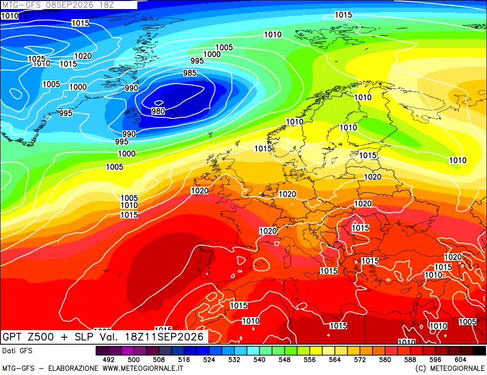 mappa GFS: Geopotenziale a 500 hPa + Pressione sul livello del mare