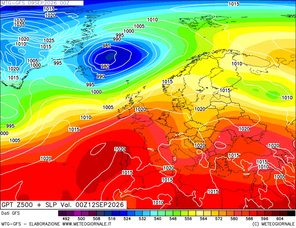 mappa GFS: Geopotenziale a 500 hPa + Pressione sul livello del mare