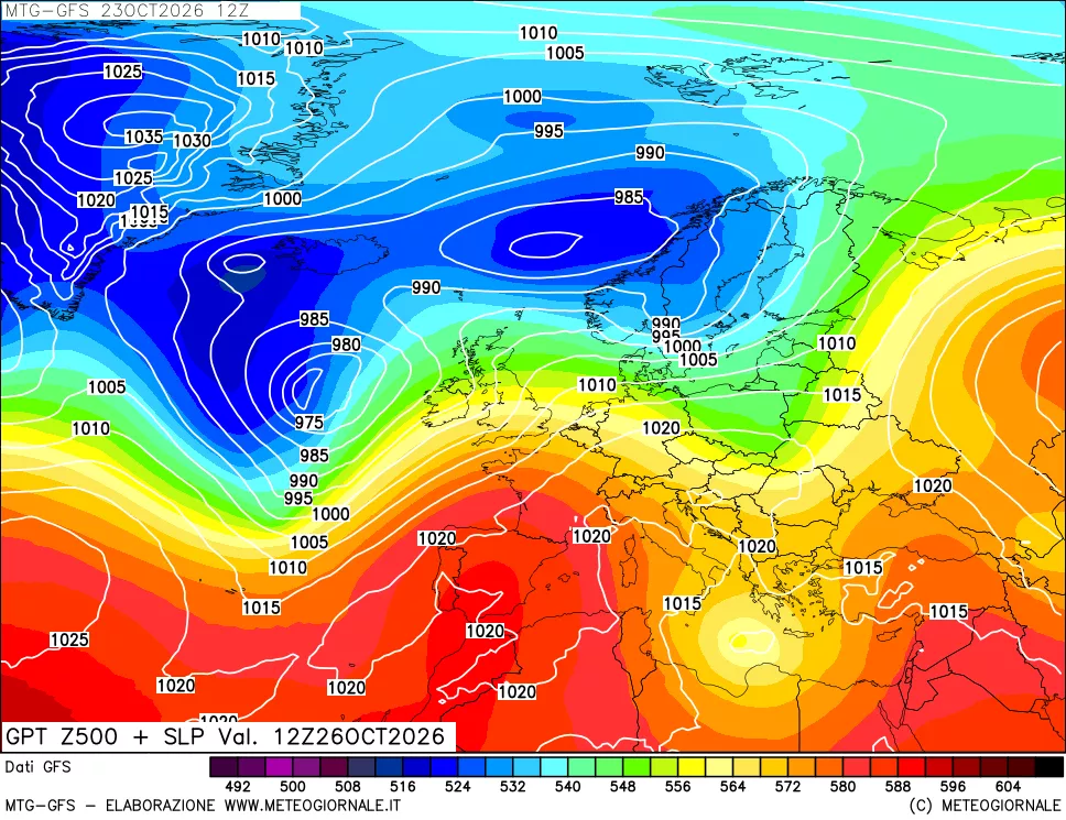 mappa GFS: Geopotenziale a 500 hPa + Pressione sul livello del mare