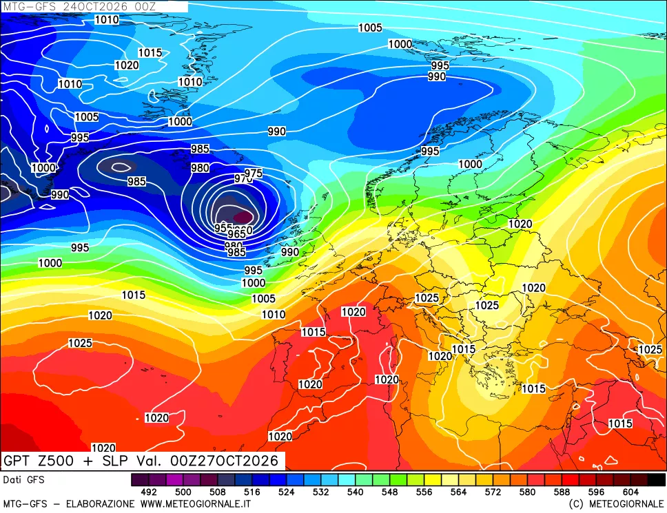 mappa GFS: Geopotenziale a 500 hPa + Pressione sul livello del mare