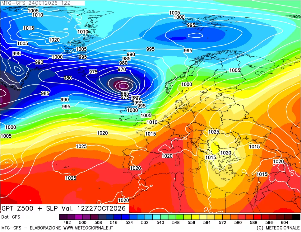 mappa GFS: Geopotenziale a 500 hPa + Pressione sul livello del mare