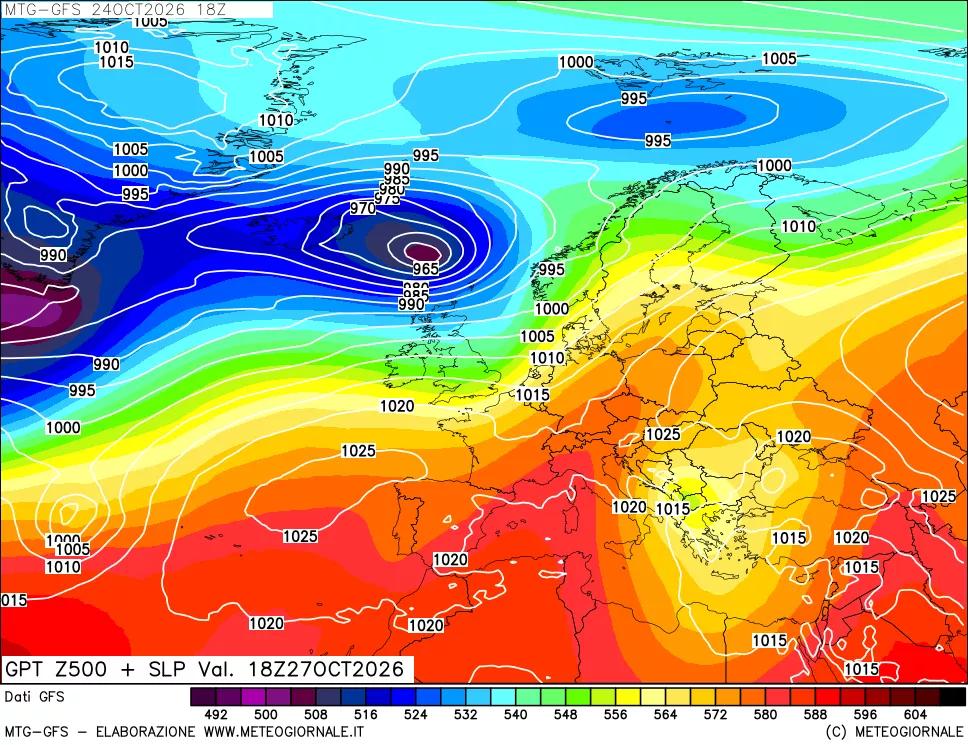 mappa GFS: Geopotenziale a 500 hPa + Pressione sul livello del mare