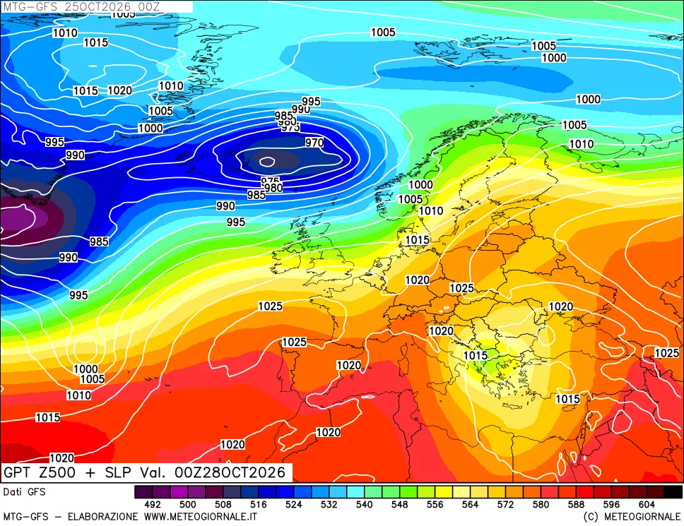 mappa GFS: Geopotenziale a 500 hPa + Pressione sul livello del mare