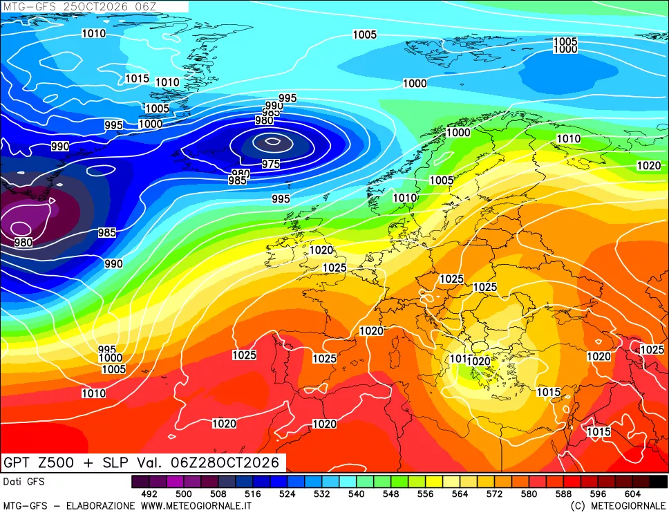 mappa GFS: Geopotenziale a 500 hPa + Pressione sul livello del mare