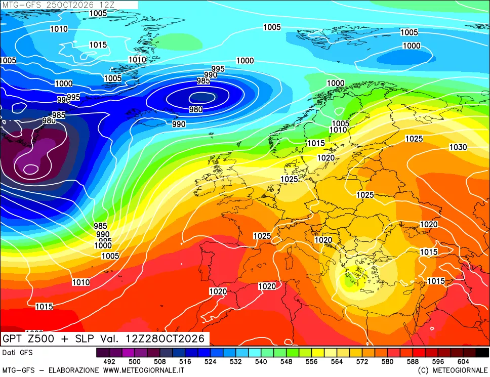 mappa GFS: Geopotenziale a 500 hPa + Pressione sul livello del mare