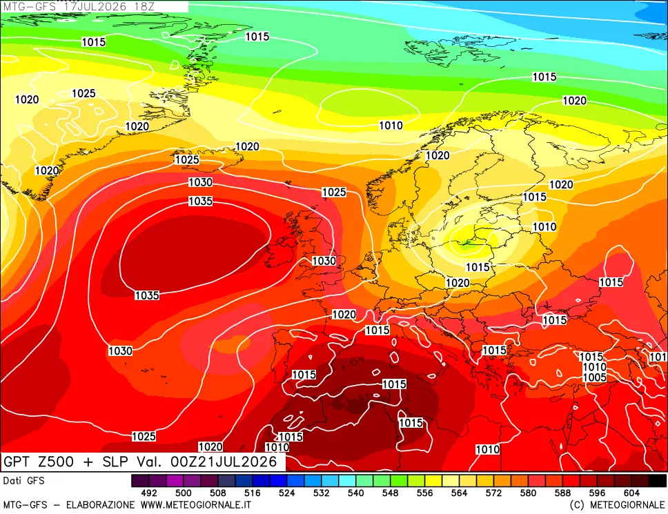 mappa GFS: Geopotenziale a 500 hPa + Pressione sul livello del mare