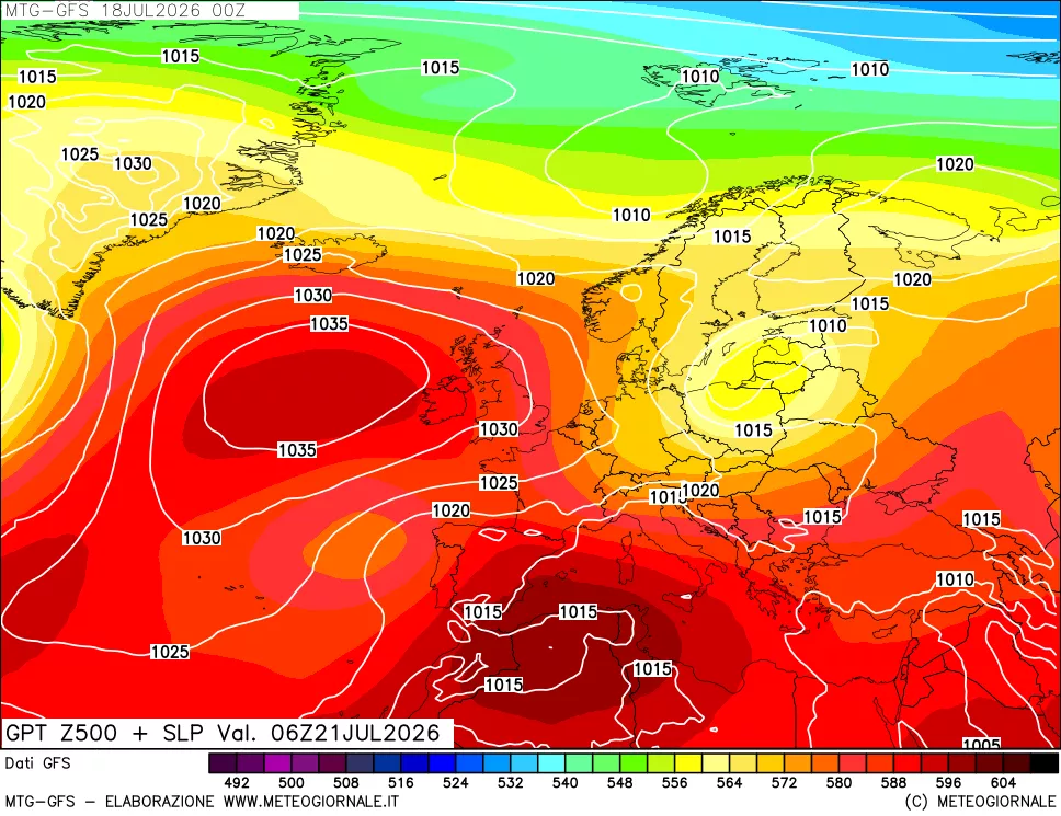 mappa GFS: Geopotenziale a 500 hPa + Pressione sul livello del mare