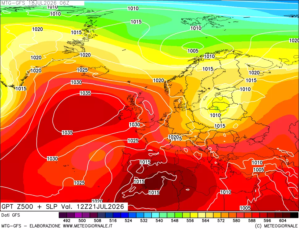 mappa GFS: Geopotenziale a 500 hPa + Pressione sul livello del mare