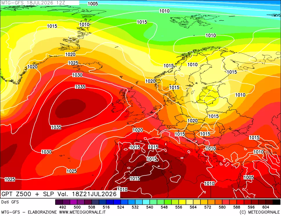 mappa GFS: Geopotenziale a 500 hPa + Pressione sul livello del mare