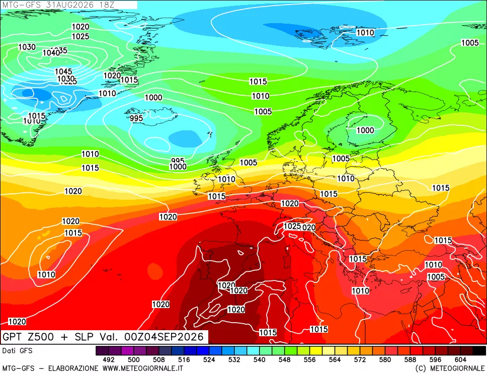 mappa GFS: Geopotenziale a 500 hPa + Pressione sul livello del mare