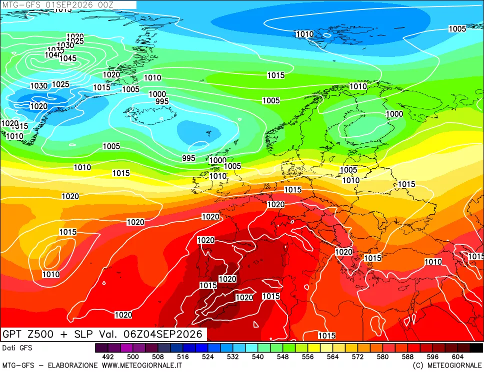 mappa GFS: Geopotenziale a 500 hPa + Pressione sul livello del mare
