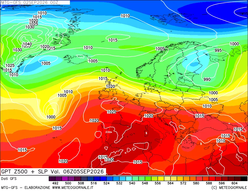 mappa GFS: Geopotenziale a 500 hPa + Pressione sul livello del mare