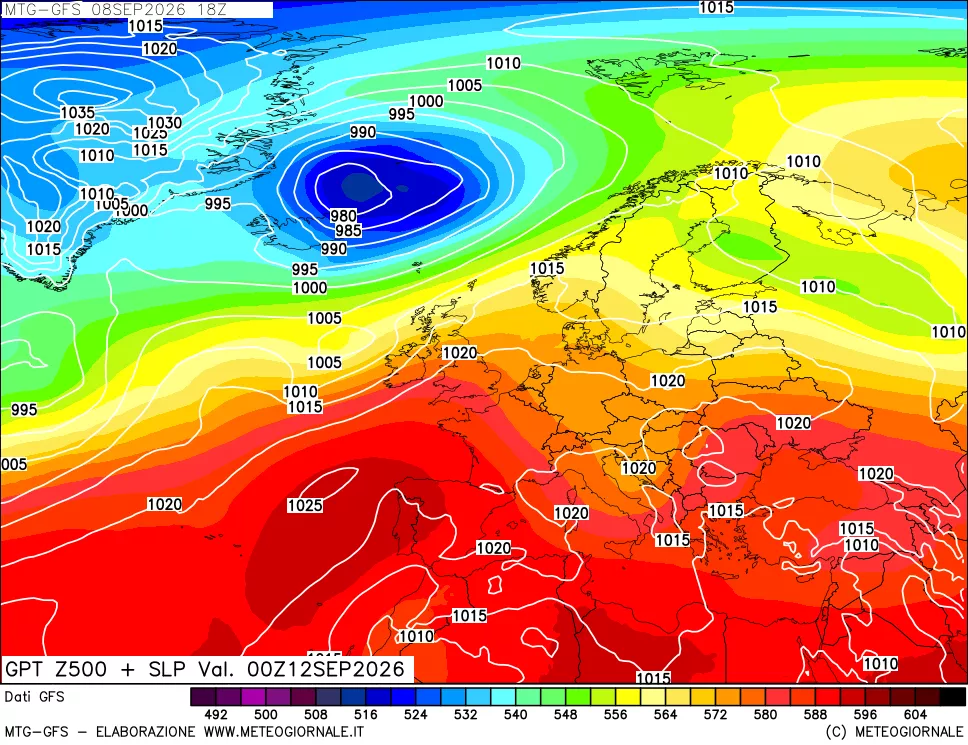 mappa GFS: Geopotenziale a 500 hPa + Pressione sul livello del mare