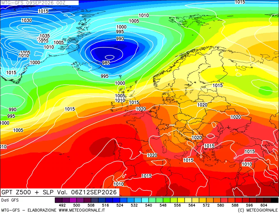 mappa GFS: Geopotenziale a 500 hPa + Pressione sul livello del mare