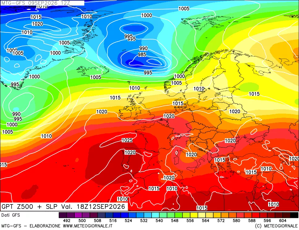mappa GFS: Geopotenziale a 500 hPa + Pressione sul livello del mare