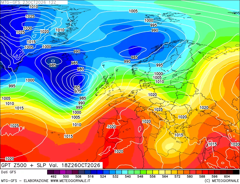 mappa GFS: Geopotenziale a 500 hPa + Pressione sul livello del mare