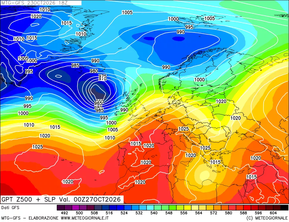mappa GFS: Geopotenziale a 500 hPa + Pressione sul livello del mare