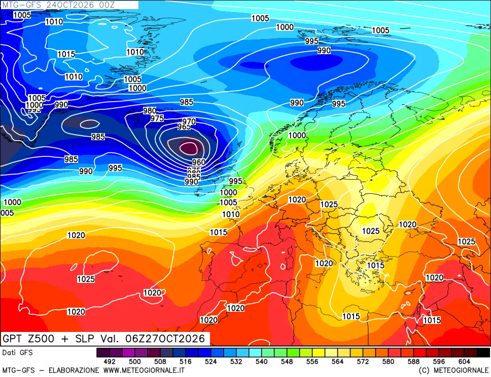 mappa GFS: Geopotenziale a 500 hPa + Pressione sul livello del mare
