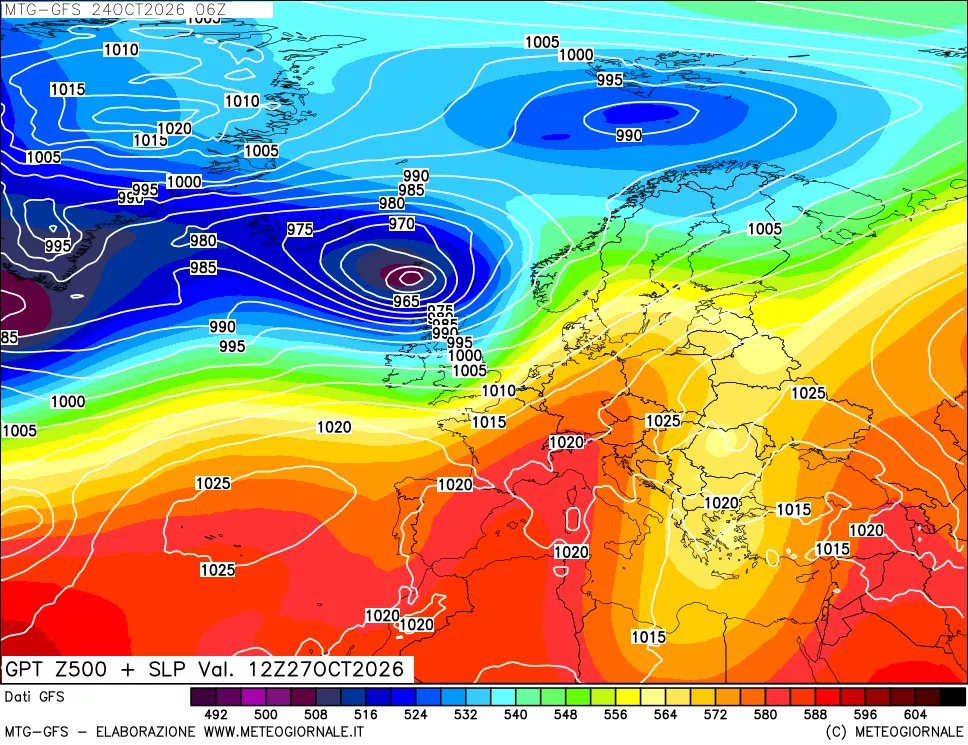 mappa GFS: Geopotenziale a 500 hPa + Pressione sul livello del mare