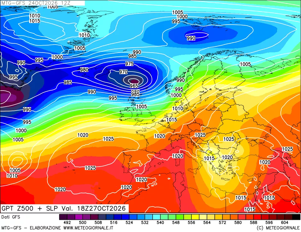 mappa GFS: Geopotenziale a 500 hPa + Pressione sul livello del mare