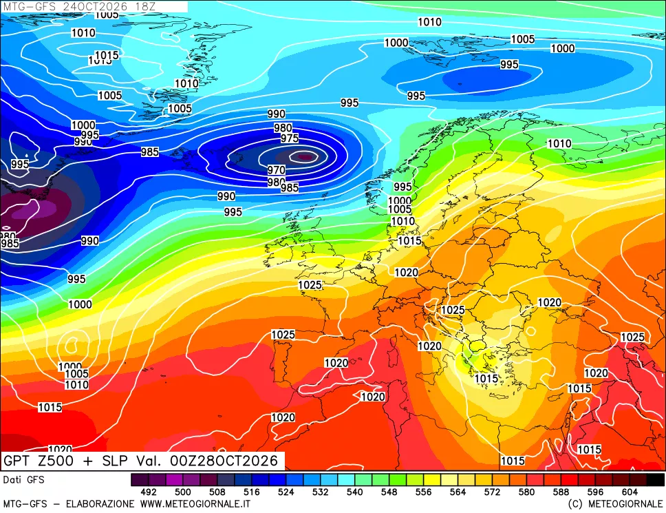 mappa GFS: Geopotenziale a 500 hPa + Pressione sul livello del mare