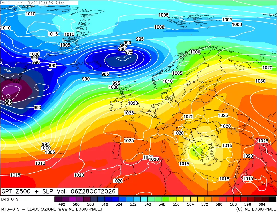 mappa GFS: Geopotenziale a 500 hPa + Pressione sul livello del mare