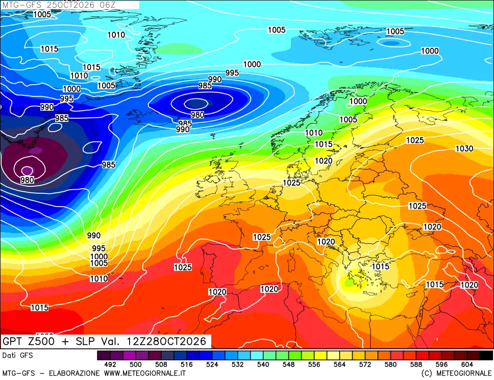 mappa GFS: Geopotenziale a 500 hPa + Pressione sul livello del mare