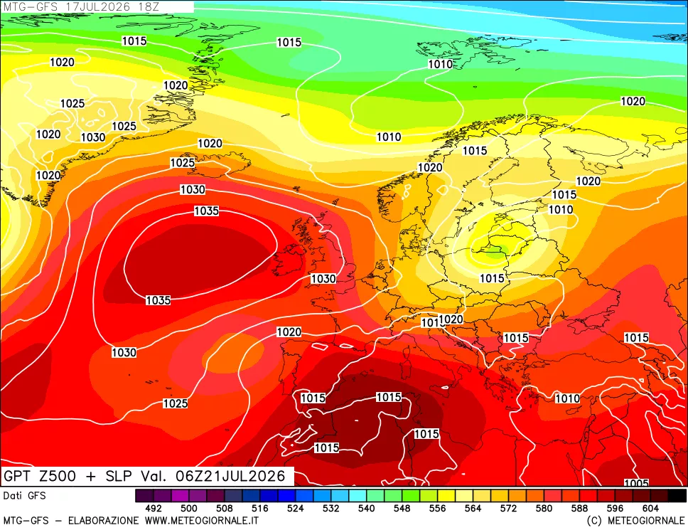 mappa GFS: Geopotenziale a 500 hPa + Pressione sul livello del mare