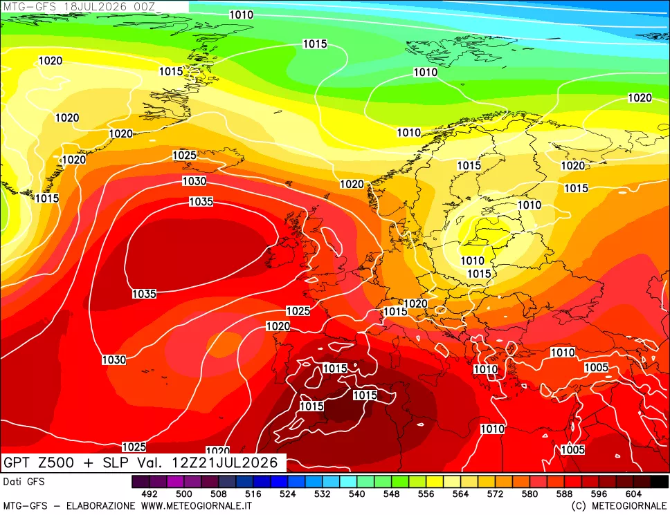 mappa GFS: Geopotenziale a 500 hPa + Pressione sul livello del mare