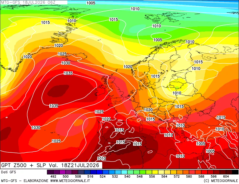 mappa GFS: Geopotenziale a 500 hPa + Pressione sul livello del mare