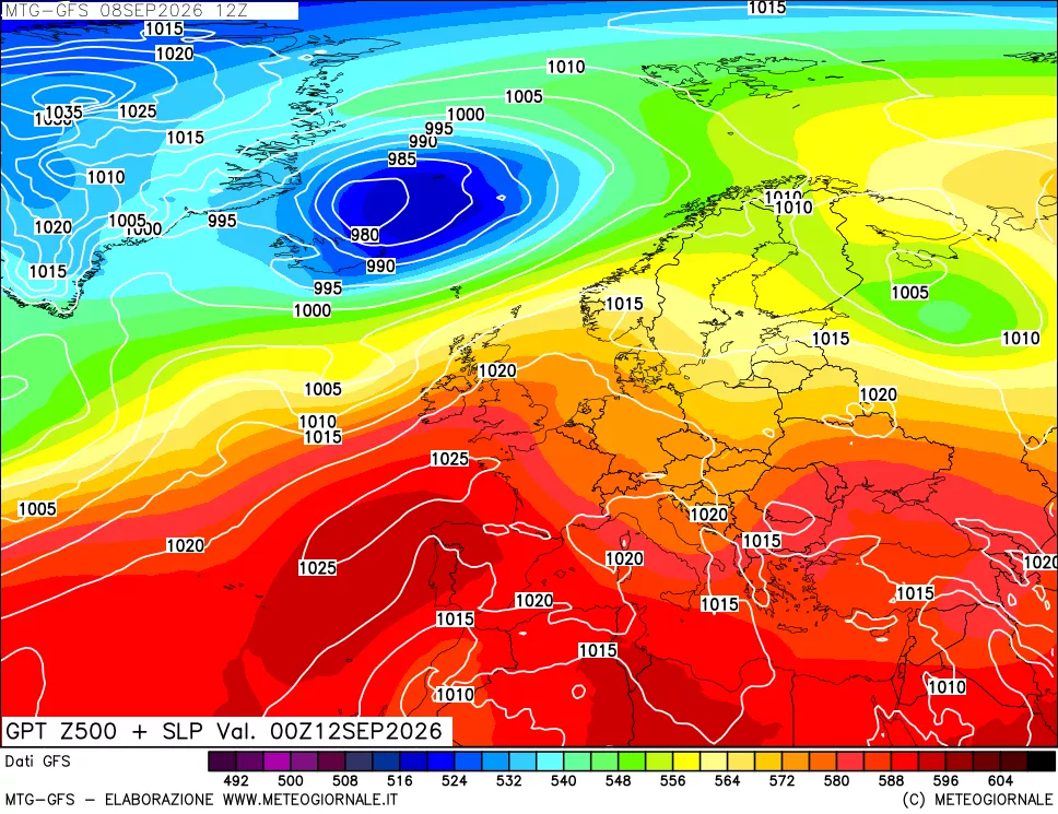 mappa GFS: Geopotenziale a 500 hPa + Pressione sul livello del mare